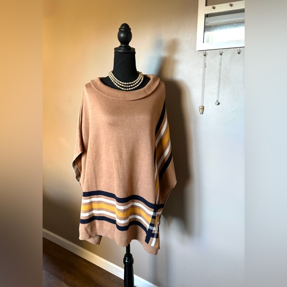 TALBOTS Sabrina poncho sweater preppy classic fall tan navy mustard EUC sz M/L - Picture 6 of 15